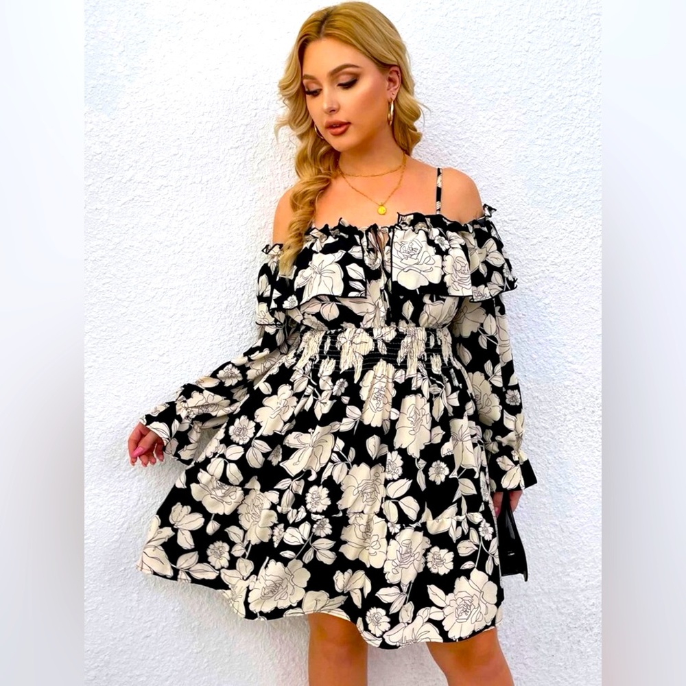 SHEIN Plus Cold Shoulder Allover Floral A-Line Dress - Black & White 16(2XL)
